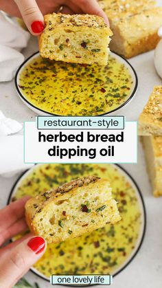 two plates filled with bread and dipping oil on top of each other, one being dipped