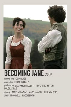 a movie poster for becoming jane with two people standing next to each other and smiling