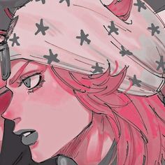 an anime character with pink hair wearing a bandana