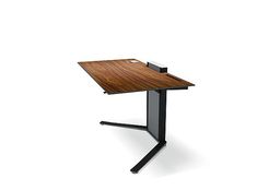 an office desk with a wooden top and black metal legs, against a white background