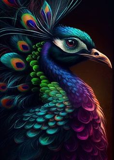 a painting of a peacock with multicolored feathers on it's head and tail