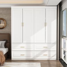 a bedroom with white cabinets and a brown headboard