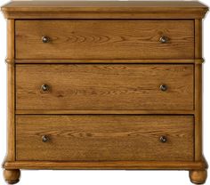 a wooden dresser with three drawers and two pulls on the bottom drawer, against a white background