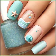 Beach Nail Designs Pink, Cute Beach Acrylic Nails, Cute Nails Beach, Soft Color Nail Ideas, Ocean Vibe Nails, Summer Nails Pastel Colors, Ocean Theme Nail Designs, Colorful Beach Nails, Cute Summer Beach Nails