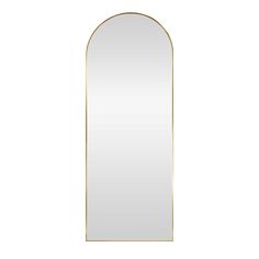 Brushed gold finish aluminum frame. Over sized leaner mirror. Origin 21 26-in W x 70-in H Arch Brushed Gold Framed Full Length Wall Mirror | AL058A-GLD-2670 Slim Gold Mirror, Gold Mirror Full Length, Gold Full Length Mirror, Cottage Core Bedroom, Coastal Room Decor, Full Length Wall Mirror, Wag Dr, F1 Wag, Gold Rooms