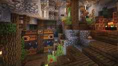 the interior of a minecraft house with lots of wood and plants on shelves in it