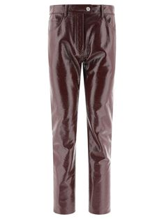 The Courrèges Reedition Vinyl trousers are crafted from 88% cotton, 10% polyurethane, and 2% elastane. These solid trousers feature a slim fit and a high rise. They also feature a Courrèges-style fly closure with zipper and lacquered pressure, two Italian-style pockets on the hip, and two patch pockets on the back. The trousers are finished with a tone-on-tone logo on the back pocket. Vinyl Trousers, Vinyl Pants, Burgundy Pants, White Silk Blouse, Structured Jacket, Women Crafts, Block Heel Ankle Boots, Chic Office, White Silk