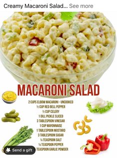 the macaroni salad recipe is shown in this ad for macaroni salad