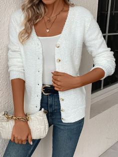 Solid Button Front Cardigan White Casual  Long Sleeve Knitwear Plain  Medium Stretch  Women Clothing, size features are:Bust: ,Length: ,Sleeve Length: Cardigan Jeans, Áo Len Cardigan, Cardigan Casual, Pullover Outfit, Winter Vest, Button Front Cardigan, Winter Cardigan, Estilo Chic, Casual Cardigans