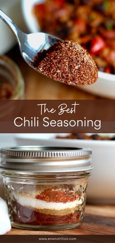 a spoon full of chili seasoning sitting on top of a wooden table next to a bowl