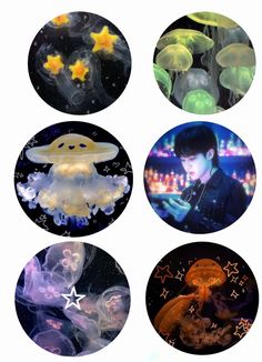 four jellyfish pictures are shown with stars in the sky and one is holding a cell phone