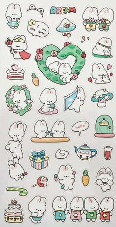 an assortment of stickers on a white sheet with various animals and food items in them