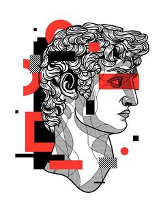 a woman with curly hair and red eyeliners on her face, surrounded by geometric shapes