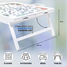 a white table with pictures on the top and below it is labeled instructions for folding tables