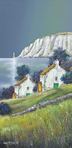 a painting of some houses by the water with a lighthouse in the distance on top of a hill