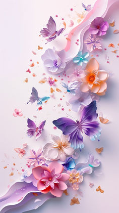 colorful butterflies are flying in the air on a white background with pink and purple colors