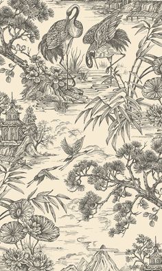 a black and white wallpaper with birds in the water, plants and trees on it