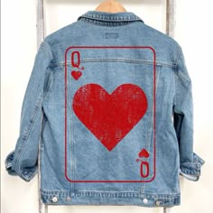 Queen Of Hearts Denim Jacket. Metal Button Down. Hand Pockets. Printed Backside. 100% Cotton Diy Painted Denim Jacket, Casual Heart Print Outerwear For Spring, Casual Spring Outerwear With Heart Print, Custom Denim Jacket Ideas, Jean Jacket Painted Ideas, Painted Denim Jacket Ideas, Painting Denim Jacket, Jean Jacket Painted, Denim Jacket Painted