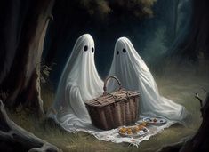 two ghost - like figures are sitting in the woods with a picnic basket and food