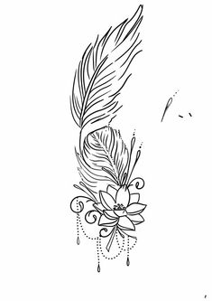 a black and white drawing of a feather on a flower