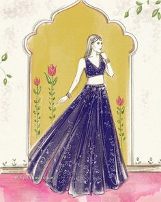 a drawing of a woman in a blue dress with flowers on the wall behind her