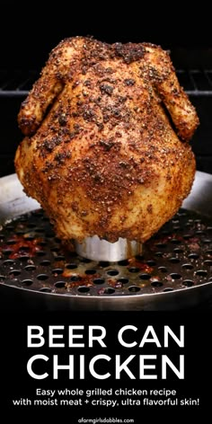 a close up of a chicken on a pan with the words beer can chicken written below it