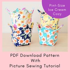 three flower pot holders with the text print - size ice cream cozy