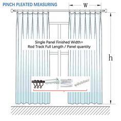 the measurements for a window curtain with rod track length, panel quantity and mountings