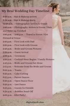 a woman in a wedding dress standing next to a pink sign that says my real wedding day time