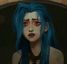 a woman with blue hair and red eyes