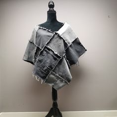 Upcycled grey denim patchwork poncho with frayed seams. One size fits most. Patchwork Poncho, Upcycled Denim Jacket, Denim Shoulder Bag, Denim Shoulder Bags, Ladies Poncho, Blue Jean Jacket, Patchwork Jeans, Fashion Project