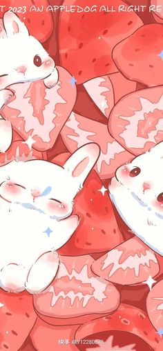 two white cats laying next to each other on top of strawberrys in the shape of hearts