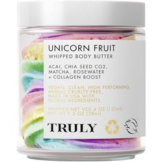 The famous-on-TikTok body butter that makes moisturizing extra decadent. Unicorn Fruit Whipped Body Butter is a luscious, candy-scented swirl of acai, vegan collagen, matcha and shea butter to deeply hydrate, soothe, and plump skin all over. Used daily, this whipped body moisturizer softens and firms the skin while reducing the appearance of fine lines. Unicorn Fruit Body Butter, Unicorn Whipped Body Butter, Truly Beauty Unicorn Fruit, Truly Beauty Body Butter, Truly Body Care, Truly Body Butter, Truly Unicorn Fruit, Truly Products, Unicorn Body Butter