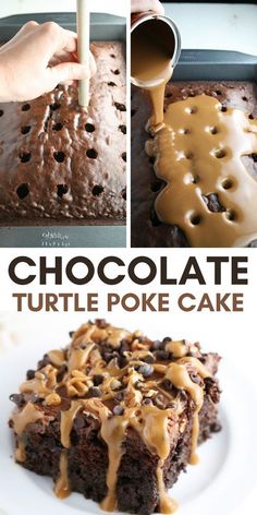 chocolate turtle poke cake with caramel drizzle on top, and then topped with peanut butter