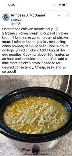 a crock pot filled with chicken noodle soup on top of a countertop