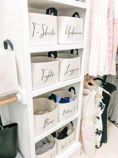 the closet is full of shoes and totes that are labeled with different types of clothes