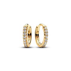 Choose delicate sparkle when you wear the Sparkling Huggie Hoop Earrings. An essential for every collection, these 14k gold-plated hoop earrings are set with a row of clear cubic zirconia. Versatile and classic, these hoops make a winning gift or addition to your own look. Whether you wear them solo for subtle sparkle or stack them up the ear with other styles, these hoop earrings will elevate your everyday. Pandora Earrings, Pandora Gold, Charms Pandora, Bracelet Pandora, Sense Of Self, Halo Earrings Studs, Gold Diamond Earrings, Flower Earrings Studs, Heart Earrings Studs