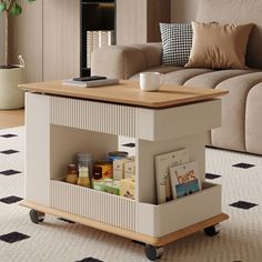 a living room with a couch, coffee table and bookshelf