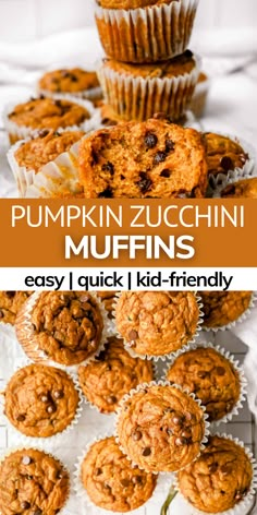 pumpkin zucchini muffins are stacked on top of each other with text overlay