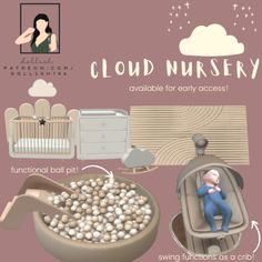 an info sheet with baby items and clouds in the sky, including a crib