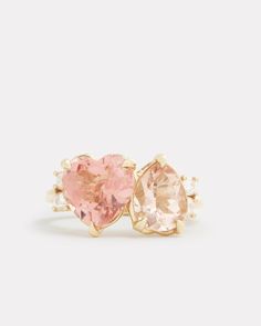 18K Yellow Gold Pink Tourmaline Heart and Morganite Pear Shape Ring with Diamonds, .2 TCWOrnament is 7/8 Inch x 3/8 Inch Style# YRHPPMW Heart-shaped Multi-stone Wedding Rings, Elegant Double Heart Pink Rings, Wedding Multi-stone Heart Rings, Elegant Multi-stone Heart-shaped Rings, Elegant Multi-stone Heart Rings, Pear Shape Ring, Morganite Jewelry, Pear Shaped Ring, Pear Ring