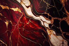 an abstract painting with red, gold and white colors on it's surface is shown