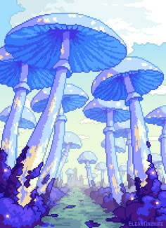 the pixel art shows blue mushrooms growing out of rocks and grass in front of a cloudy sky