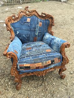 an old chair that has been turned into a patchwork denim couch with jeans on it