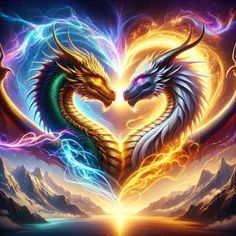 two dragon are in the shape of a heart with their wings spread out and glowing