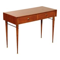 a wooden desk with two drawers on one side and an open drawer on the other