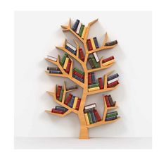 a wooden tree shaped book shelf with books on it's sides and several different colored books in the shelves