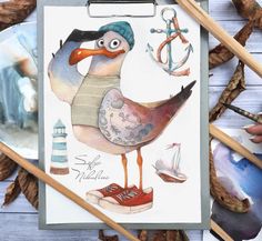 a drawing of a bird with an anchor on it's back and other items around it