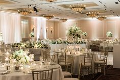 a banquet room with tables and chairs set up for a formal function