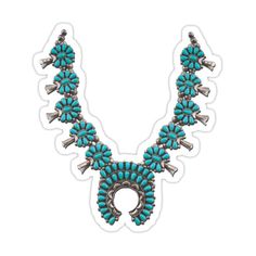 Decorate laptops, Hydro Flasks, cars and more with removable kiss-cut, vinyl decal stickers. Glossy, matte, and transparent options in various sizes. Super durable and water-resistant. This unique jewelry graphic of a beautiful turquoise & silver squash blossom necklace will become a favorite. Squash blossoms are made in the southwest jewelry traditions of the Native American Zuni and Hopi tribes. It will look great worn by itself over a faded pair of jeans or under a suede or leather jacket. Cr Expensive Necklaces, Silver Squash Blossom Necklace, Squash Blossoms, Turquoise Squash Blossom, Out To Lunch, Bronze Earrings, Southwest Jewelry, Squash Blossom Necklace, Squash Blossom